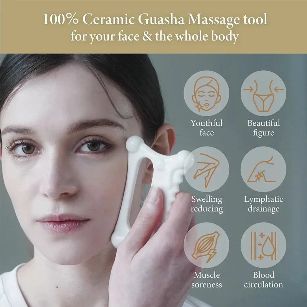 A woman is using a white ceramic gua sha massage tool on her face, demonstrating its benefits for muscle soreness and blood c