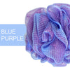 A close-up of a purple blue exfoliating mesh bath sponge.