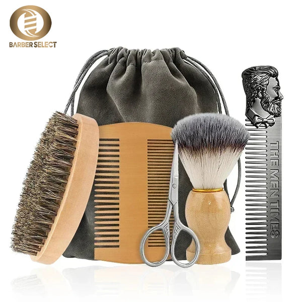 A set of boar bristle beard brush and comb with a gift bag displayed on a white surface.