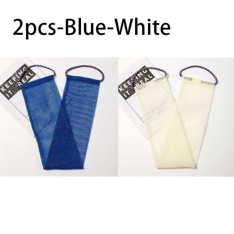 Two blue and white exfoliating body scrub sponges with purple loops shown against a white background.