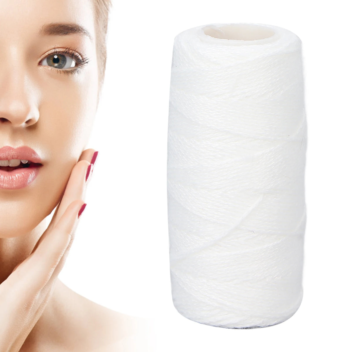 Roll of white facial hair remover threader with a woman's face in the background