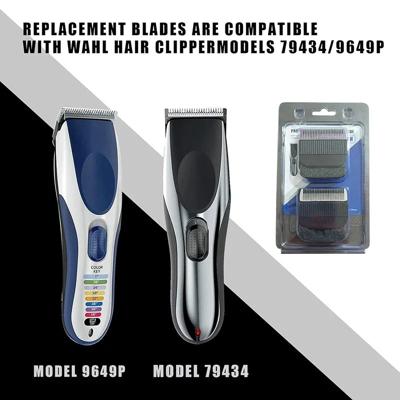 Replacement blades for Wahl hair clippers models 79434 and 9649P shown with the clipper bodies.