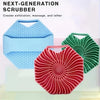 A set of three silicone exfoliating shower scrub brushes in blue, red, and green are displayed on a white surface.