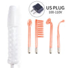 A white facial rejuvenation device set including a plug, a comb, and three facial rollers.