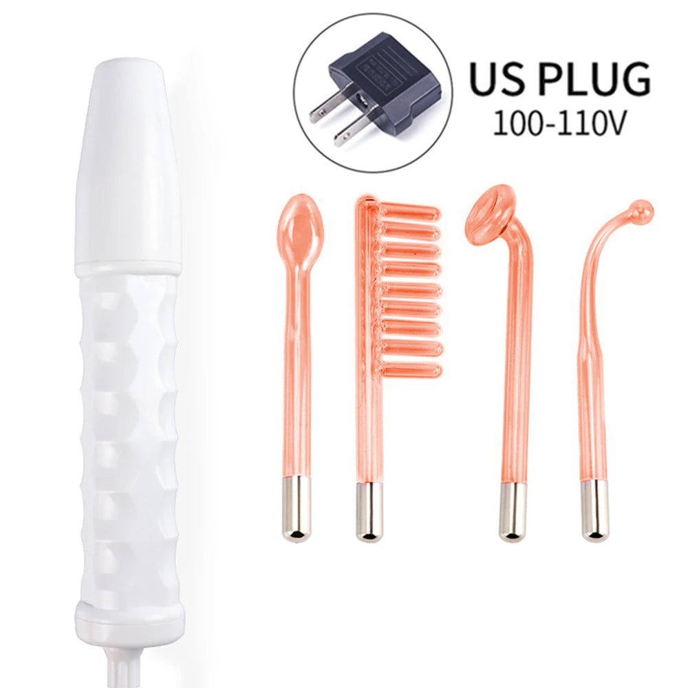 A set of four facial beauty tools including a white device and three rose gold-colored tools, with a US plug diagram.