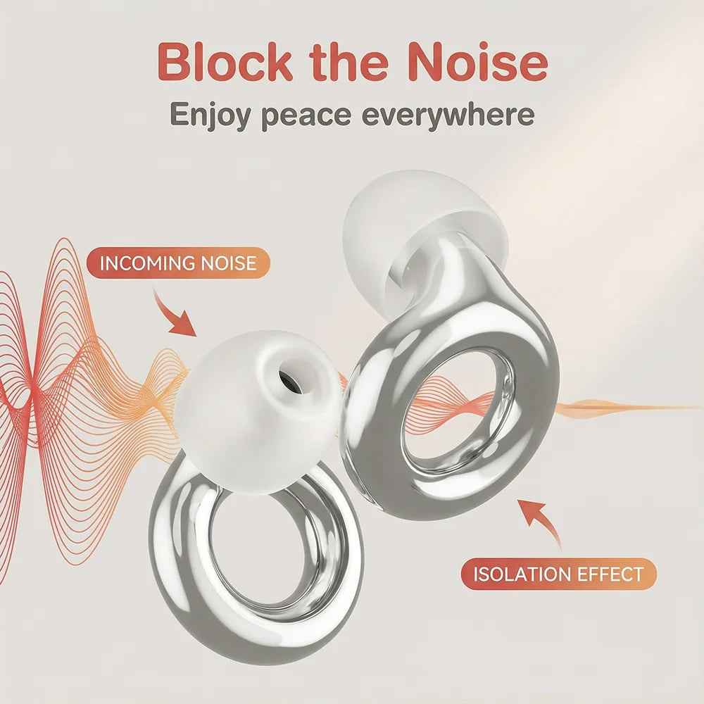 White silicone earplugs shown with sound waves indicating noise blocking and isolation effect.