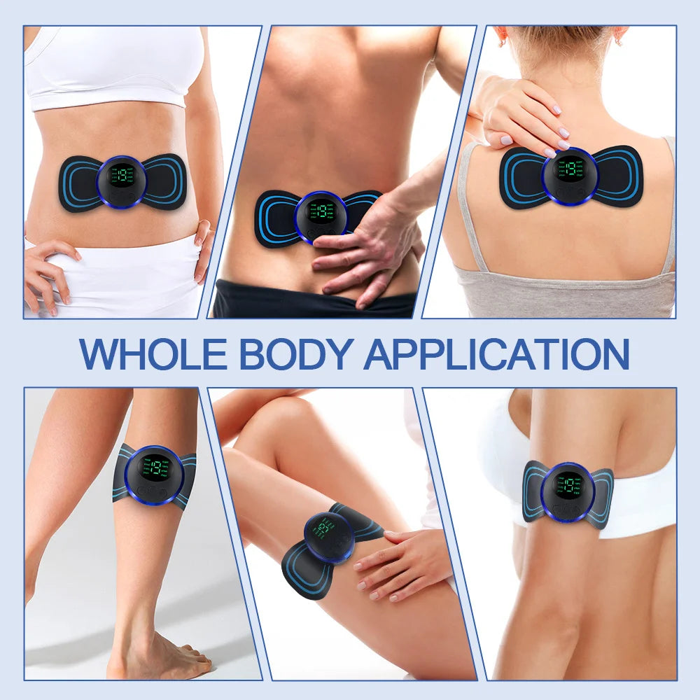 Various applications of an electric EMS muscle stimulator device on the torso, arm, and leg.