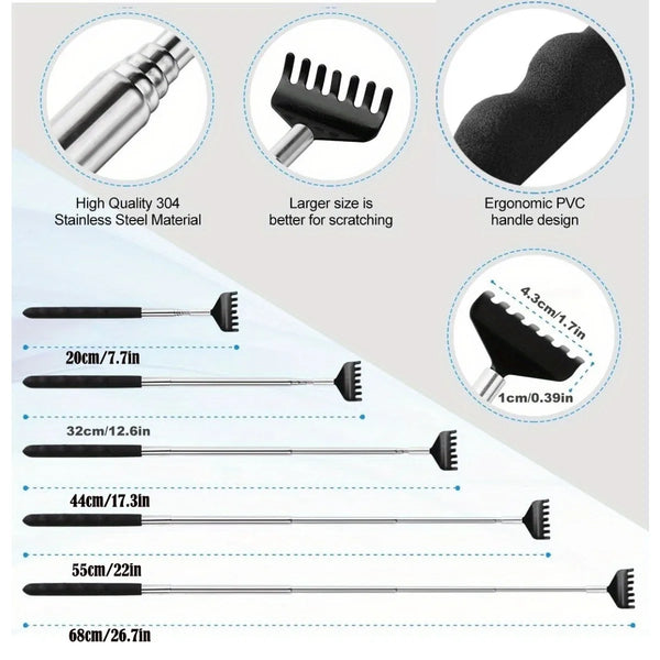 A set of stainless steel telescopic back scratchers in various lengths and an ergonomic PVC handle design.