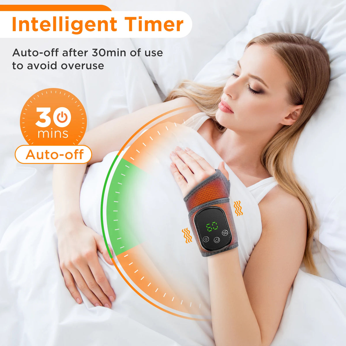 A woman is using an intelligent timer device on her arm while lying in bed.