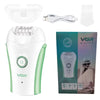 White and green rechargeable electric epilator device shown with accessories and packaging.