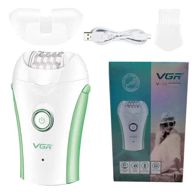 White and green rechargeable electric epilator device shown with accessories and packaging.