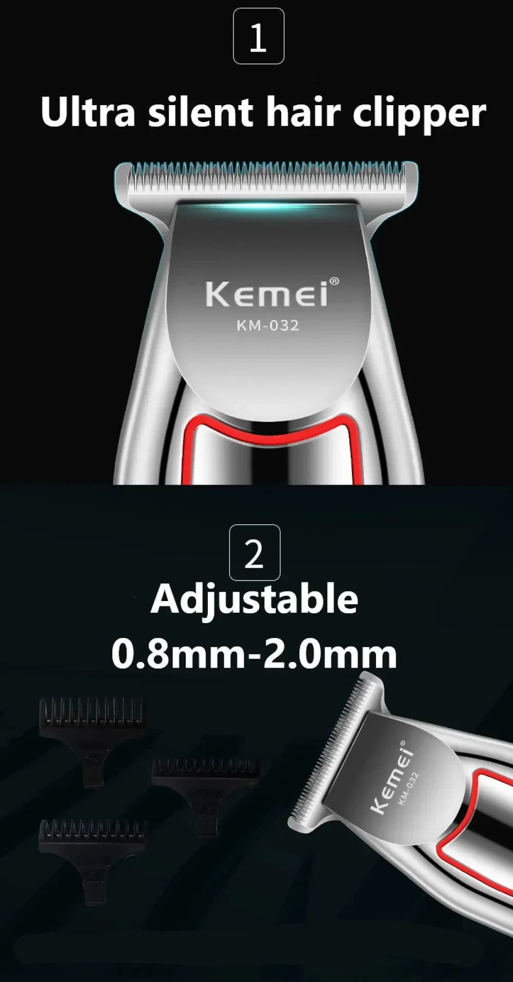 Image showing a Kemei Ultra silent hair clipper with adjustable blades and a grooming tool.
