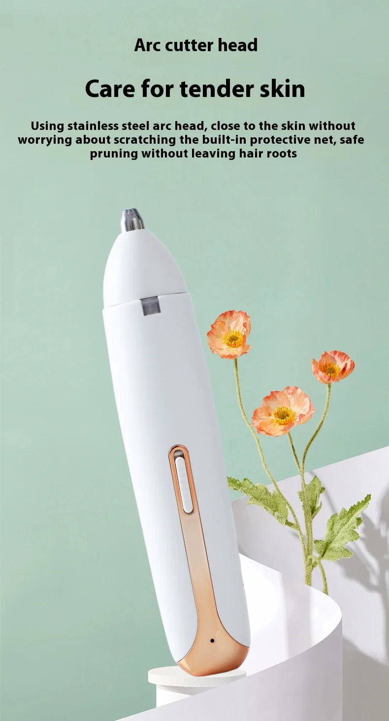 A white electric hair cutter with a rose-colored handle is shown against a light green background.