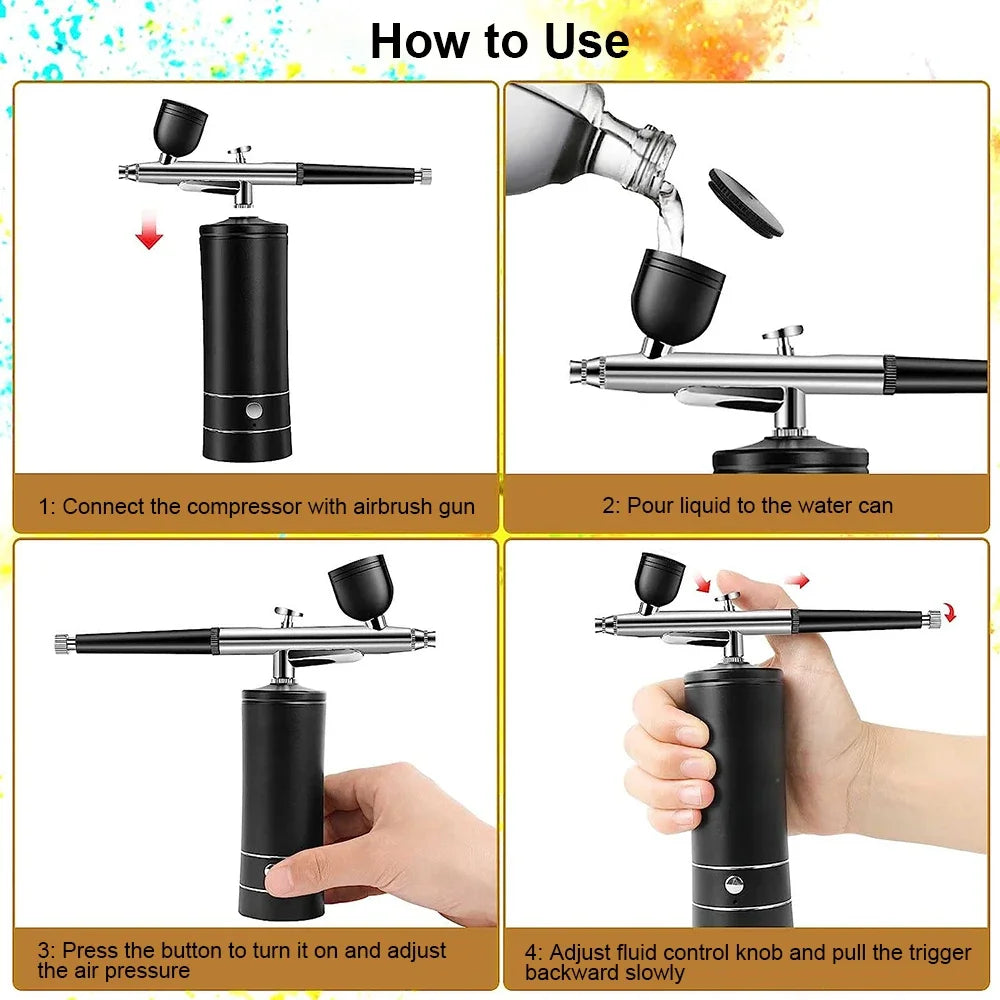 Instructions showing how to use a portable airbrush kit with an airbrush gun and water can.
