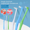 Collection de brosses à dents souples à pointe unique et angulées en blanc, bleu et vert pour le nettoyage periodontal.