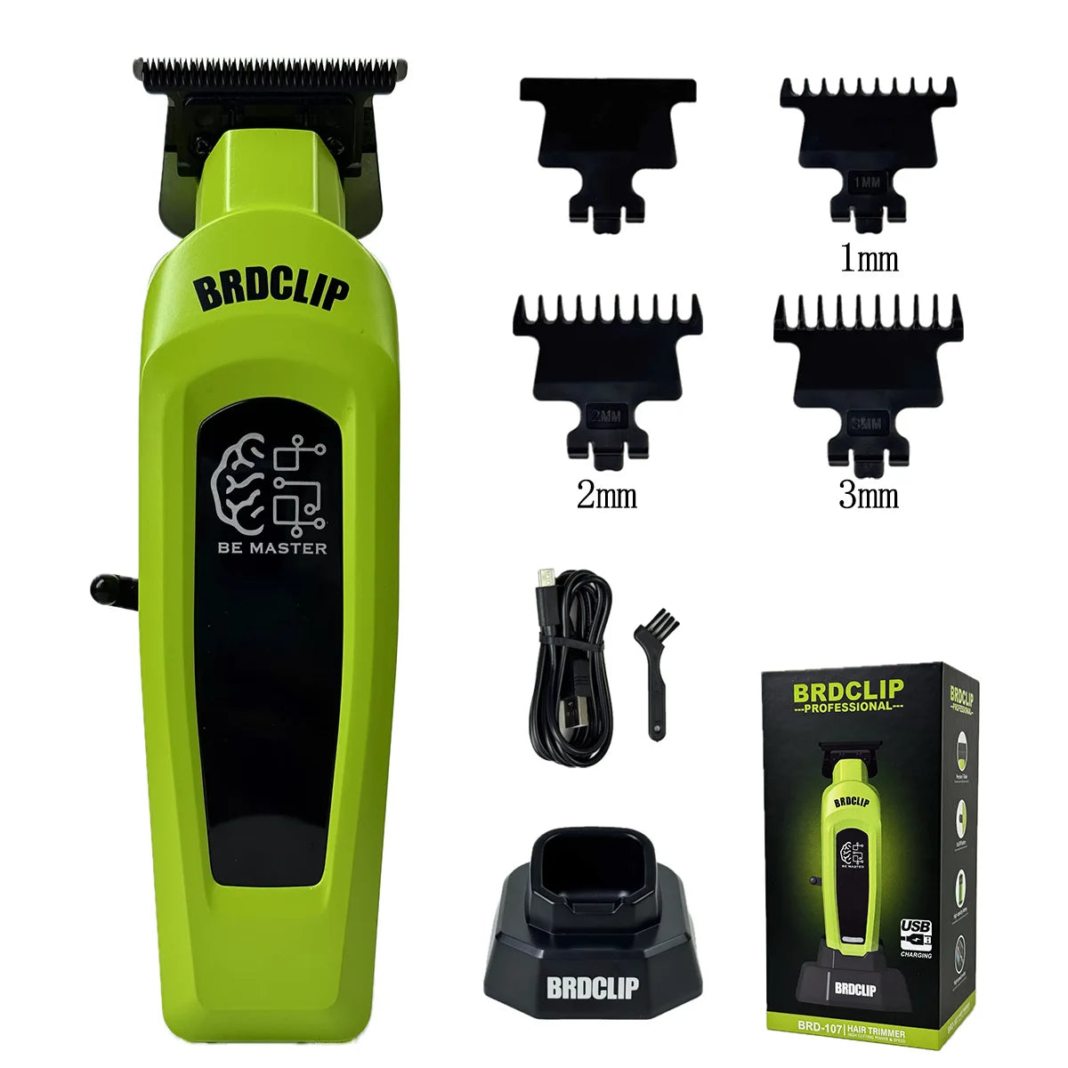 A bright lime green electric hair clipper with black accents and various replacement teeth attachments.