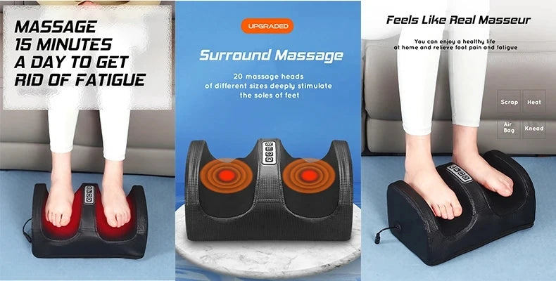 A black heated shiatsu foot massager is shown being used on a person's feet for deep tissue relief.