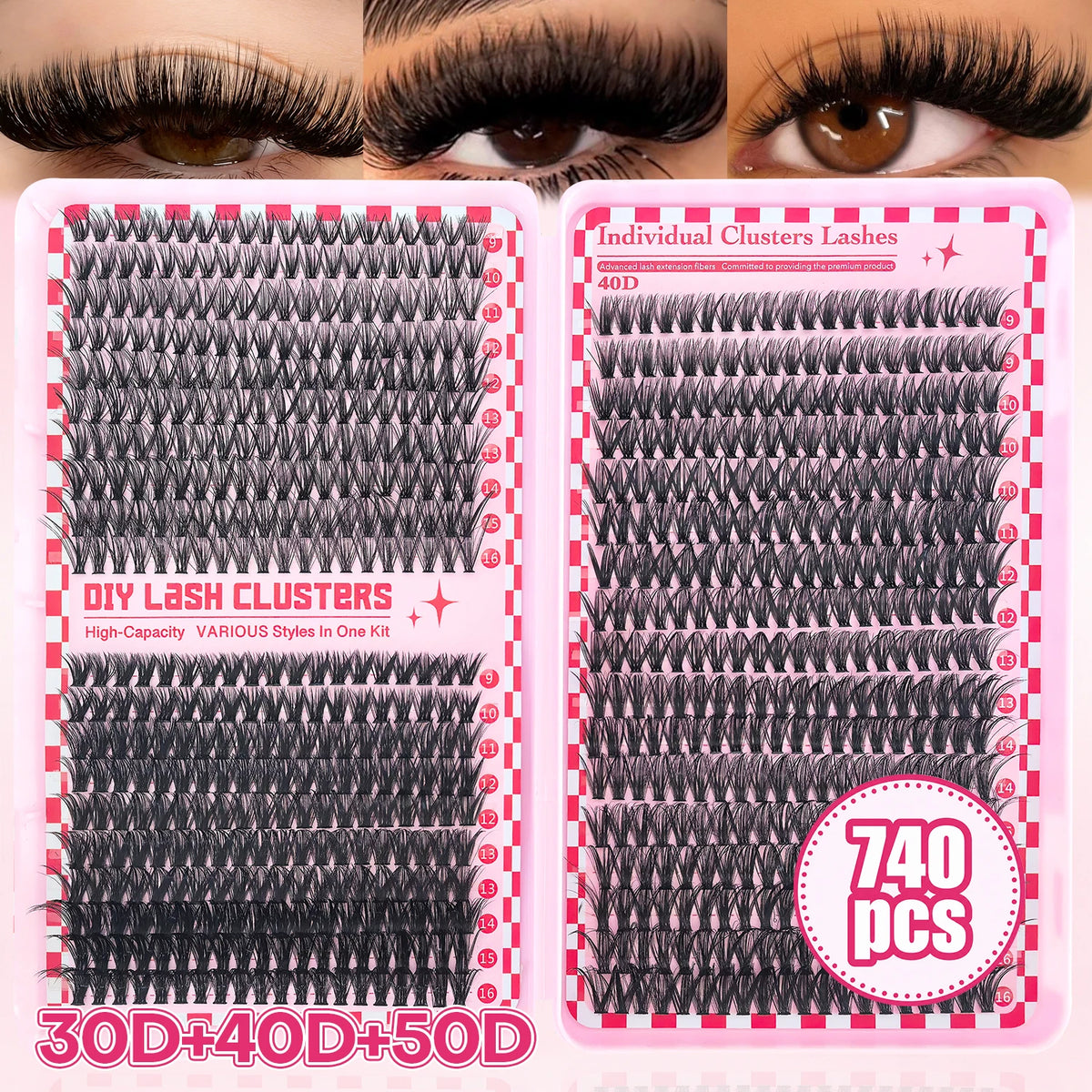 A pink plastic kit containing individual clusters of black false eyelashes and a pair of natural lashes.