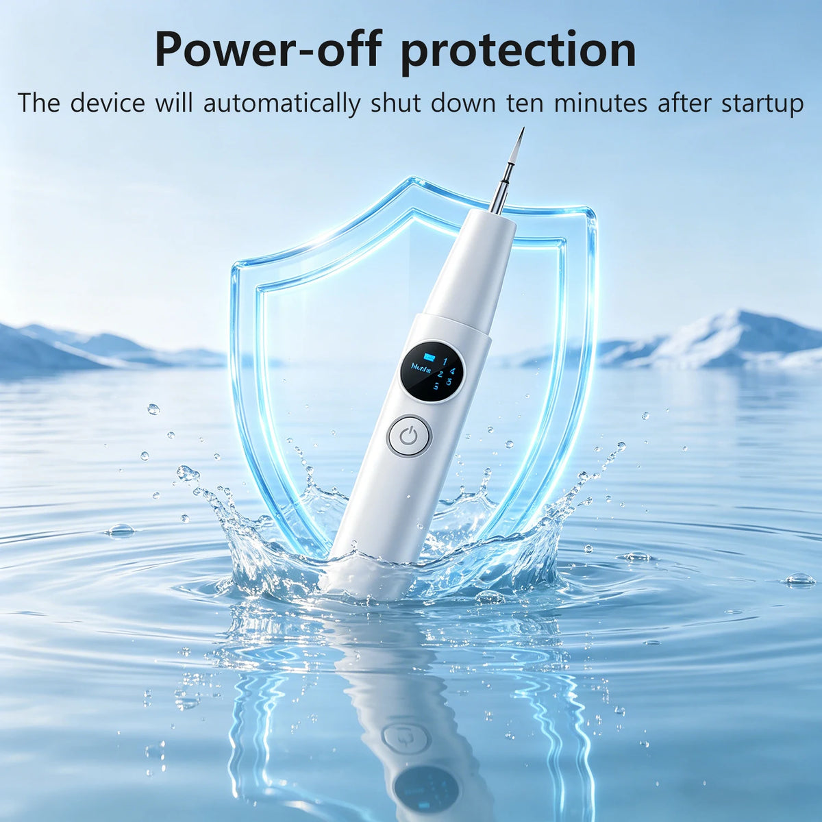 A white ultrasonic dental cleaning device is shown surrounded by a protective shield of water droplets.