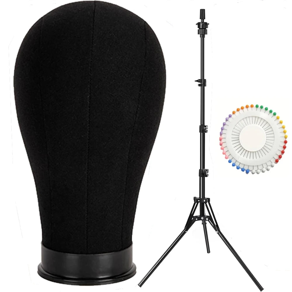 Mannequin de perruque professionnelle noire avec support réglable et plaque de présentation circulaire