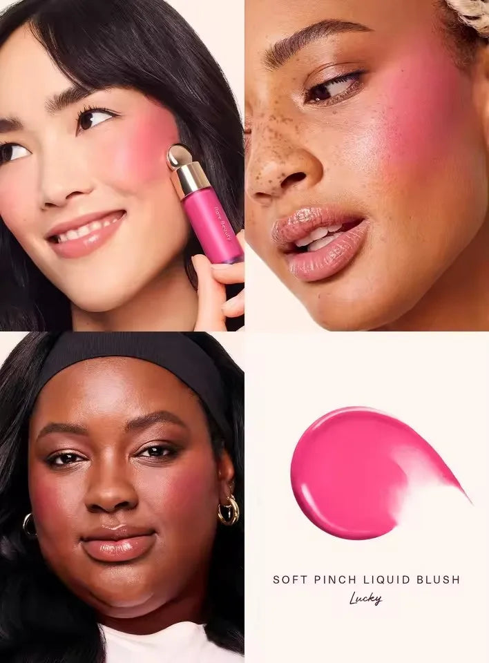 Close-up of a woman applying pink liquid blush on her cheek and lips, featuring the Lucky soft pinch liquid blush.