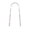 A reusable stainless steel tongue scraper with a curved handle for oral hygiene.