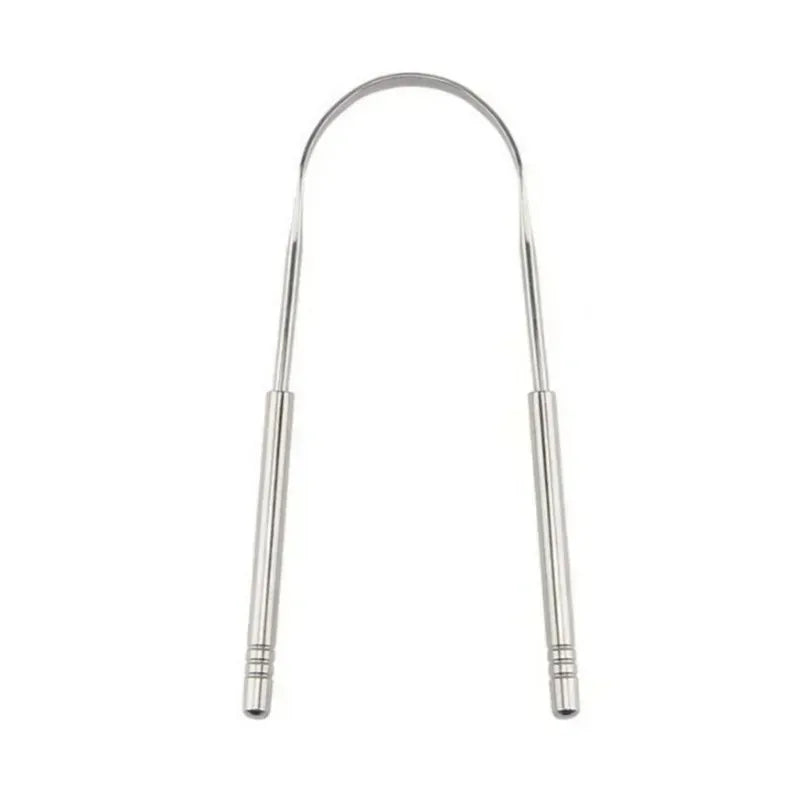 A reusable stainless steel tongue scraper with a curved handle for oral hygiene.