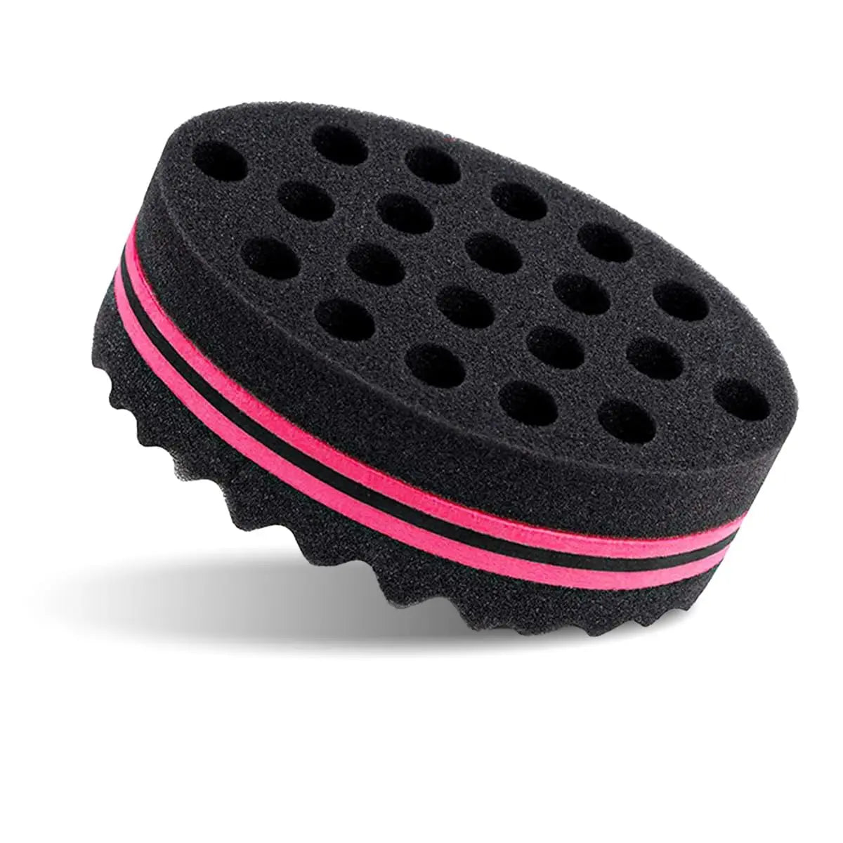 Black foam styling tool with pink accents featuring multiple holes for hair styling.
