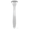 A silver stainless steel tongue scraper with a rounded handle.
