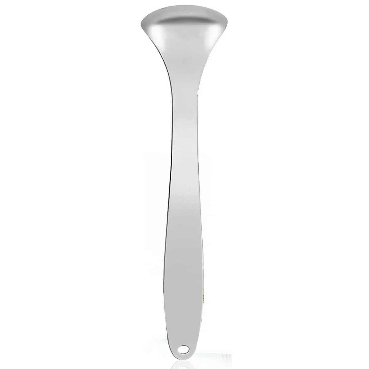 A silver stainless steel tongue scraper with a rounded handle.