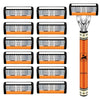 Un ensemble de rasoirs de sécurité multi-couches de précision avec des lames noires et blanches et des poignées orange.