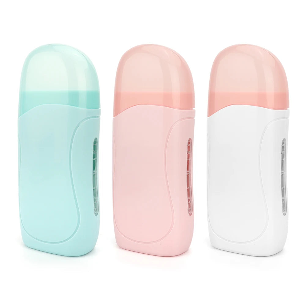 Three versions of a professional waxing heater kit in light blue, pink, and white.