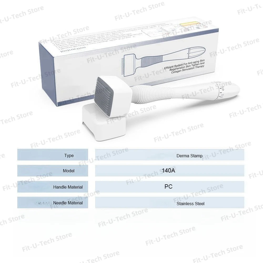 A white microneedling derma stamp device with a handle and needle, packaged in a box.