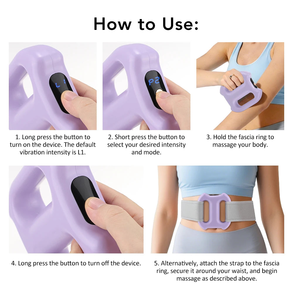 Instructions for using a purple multi-mode rechargeable body massage ring device.