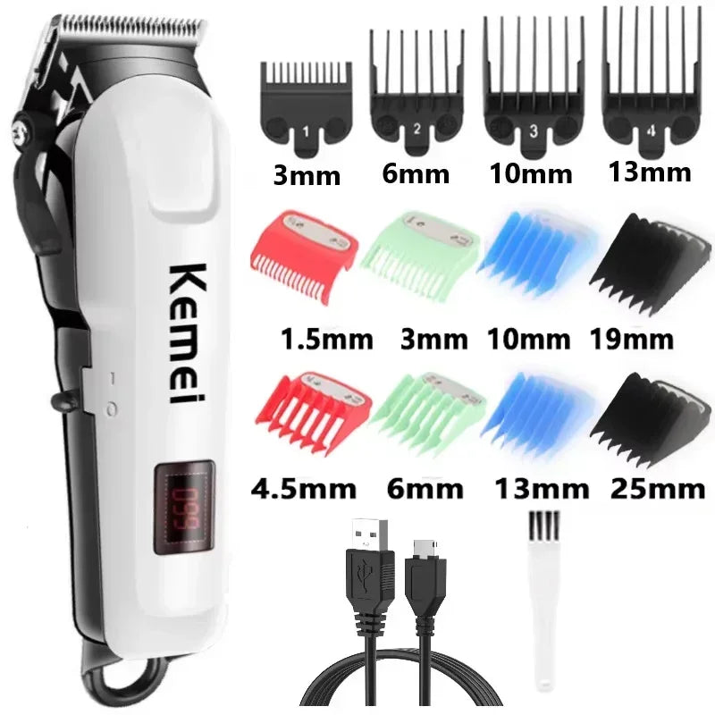 A white professional rechargeable hair clipper trimmer with various attachments and a charging cable.