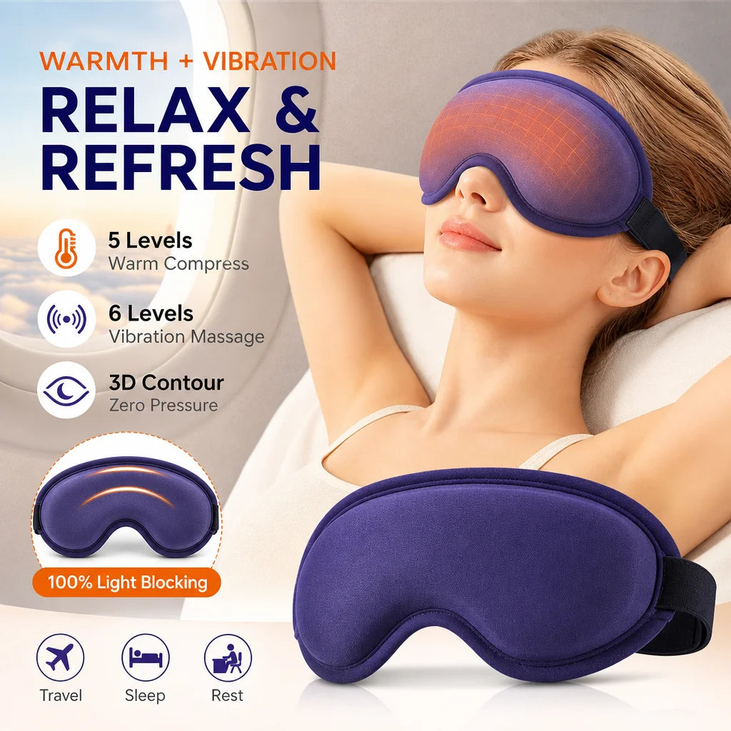 A woman is using a purple electric heated eye mask for relaxation and refresh.