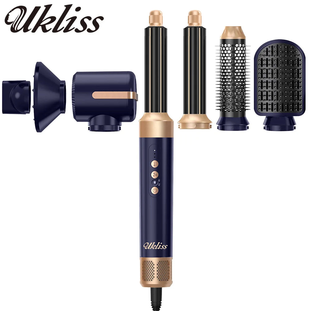 A set of Ulkiss hair styling tools including a dryer brush, curling iron, and straightener in dark blue and gold.