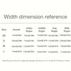 Reference chart showing width dimensions for various finger sizes including thumb, index, middle, ring, and little fingers.