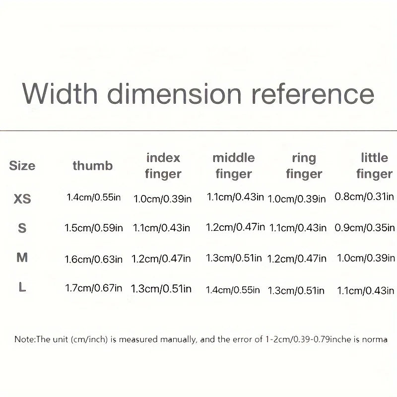Reference chart showing width dimensions for various finger sizes including thumb, index, middle, ring, and little fingers.