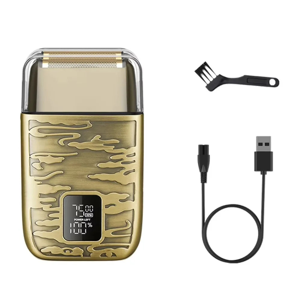 A gold-colored electric shaver with a protective cover and an adjustable blade tool.