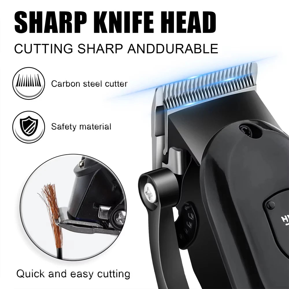 A close-up view of a black electric hair clipper head with a sharp cutting blade and safety features.