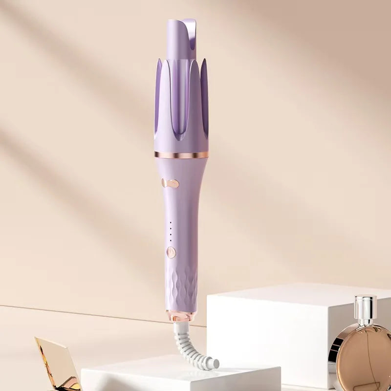 A purple professional automatic hair curling iron standing upright on a white surface.
