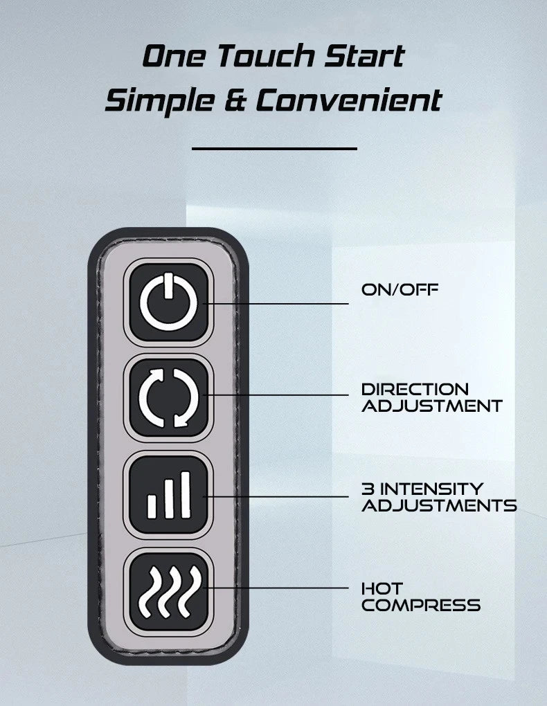 A close-up view of a control panel for a heated shiatsu foot massager showing ON/OFF, direction adjustment, intensity adjustm