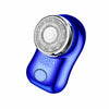A close-up view of a blue cordless electric beard trimmer shaver with a silver grooming head.