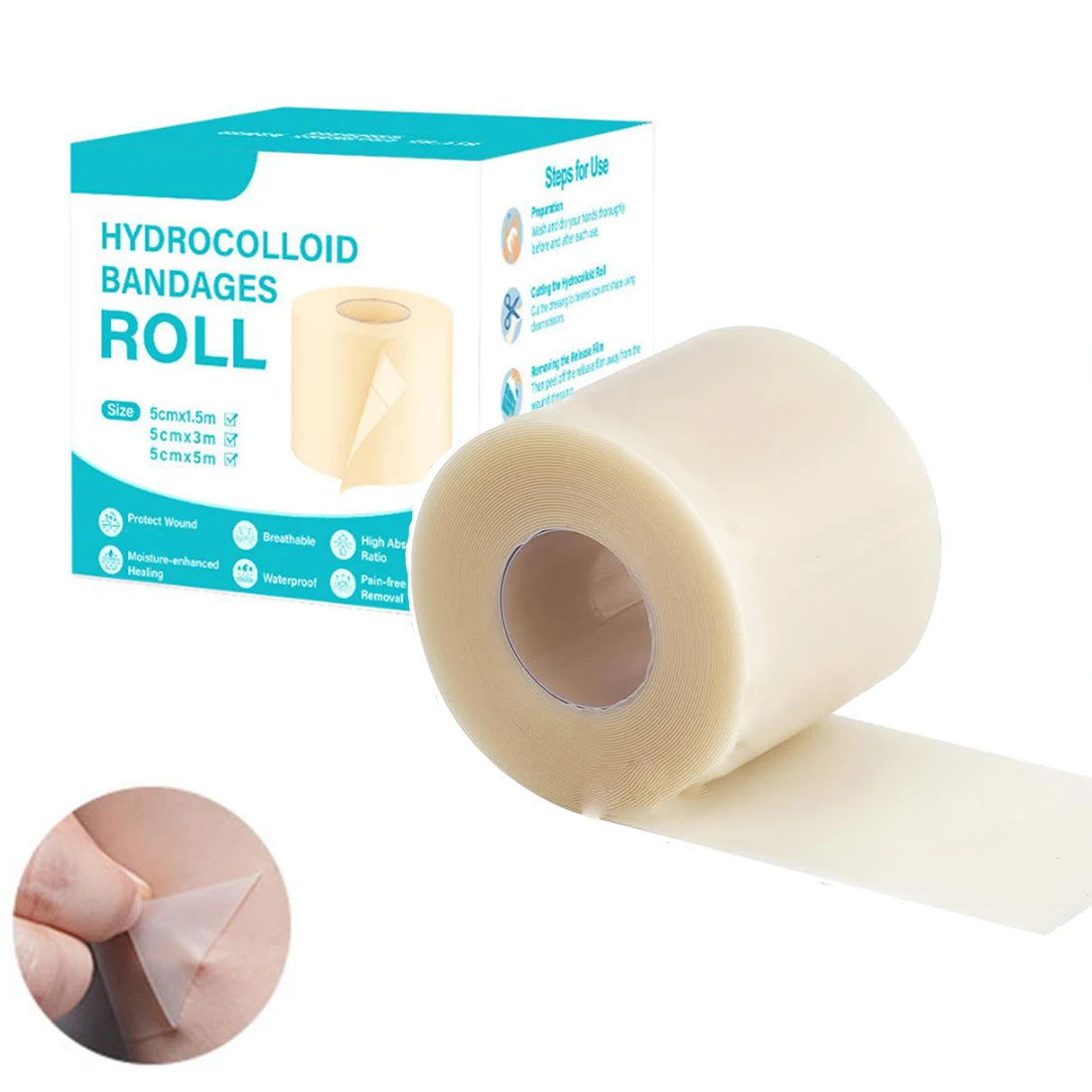 A roll of hydrocolloid bandages shown next to its packaging box and a close-up of the bandage material.