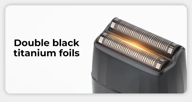 Close-up of a black electric beard trimmer featuring double titanium foils.
