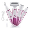 A set of four pink and white rechargeable body hair removal epilators with charging cables shown on a clear surface.