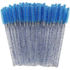 A set of blue disposable eyelash and eyebrow brushes with clear plastic handles.