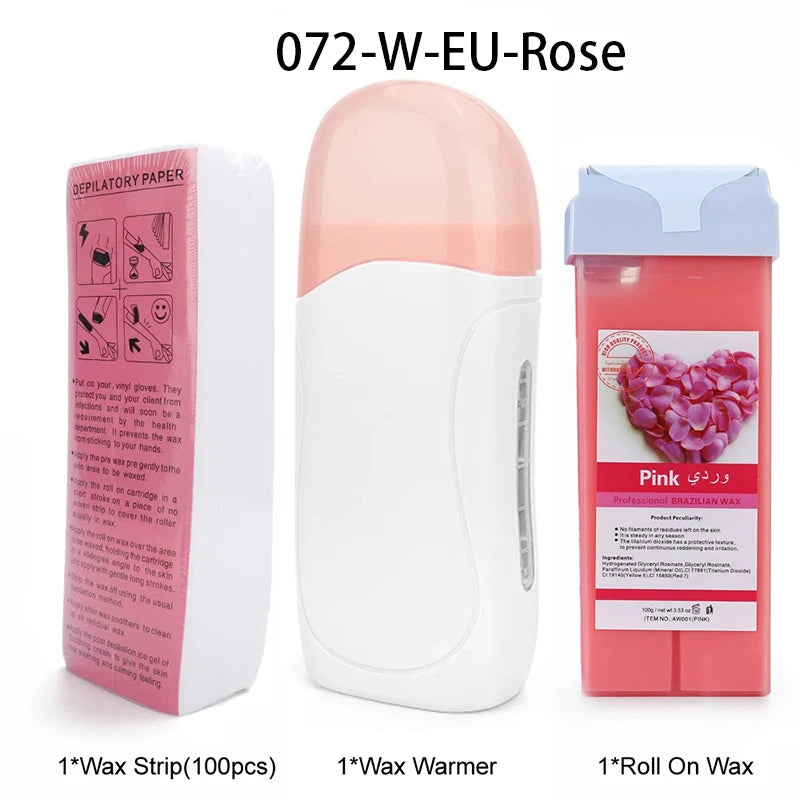 A set of professional waxing products including a pink wax warmer, a pink roll-on wax, and depilatory paper.
