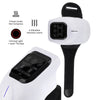 A white infrared knee massager device showing features like heat compress, vibration intensity levels, and laser therapy.